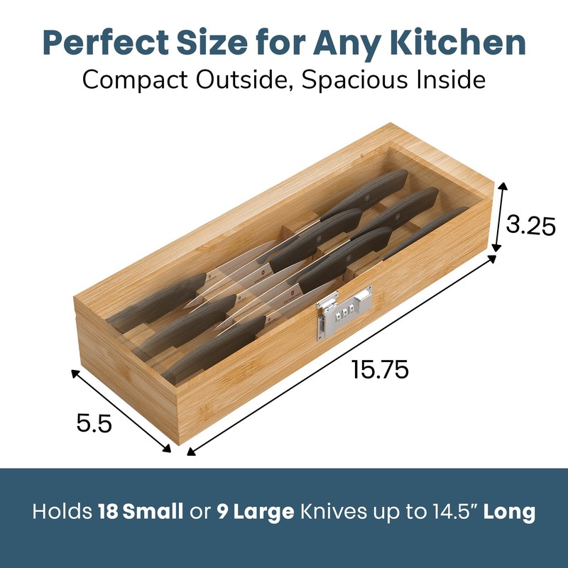 Upgraded Combination Lock Bamboo Locking Kitchen Knife Storage – Secure
