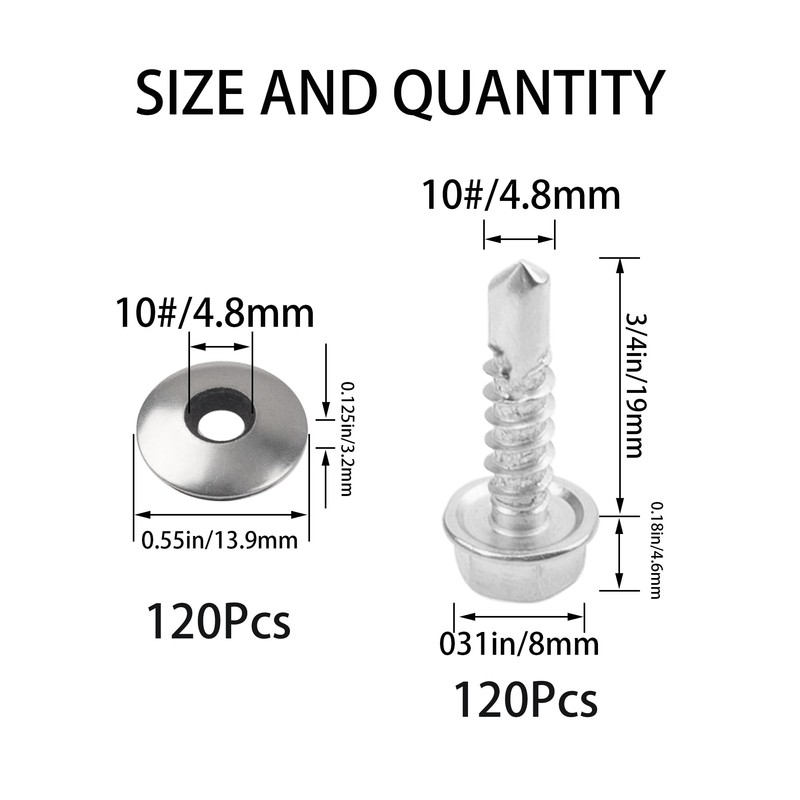 Rrina 120Pcs #10x3/4'' Self Drilling Screws with Rubber Washer, 410