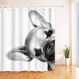 RnnJoile French Bulldog Shower Curtain Frenchie Bathroom Decor Black and White Animal Bathroom Shower Curtain Fabric with Hooks 72"×72"