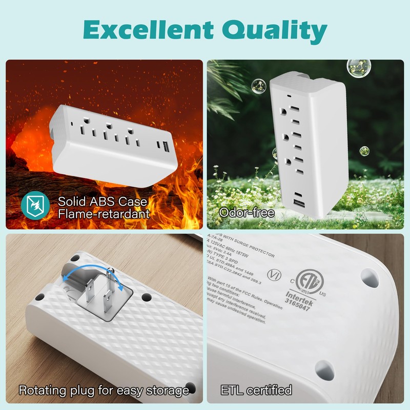 Surge Protector Outlet Extender Wall Tap Adapter, 3 AC Multi-Outlet
