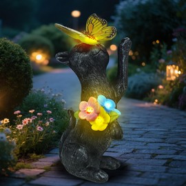 HDOOMN Solar Garden Decoration Outdoor Statues - Cat with Fairy Butterfly Flowers Decorative Figurine for Yard Patio Lawn Porch Pathway Landscape Ornament Funny Gift for Mom Women