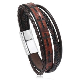 TIMFROZ Mens Leather Cross Bracelet Multi-Layer Braided Faith Bracelet Religious Wristband Father's Day Birthday Jewelry Gifts for Men 8.5" Memory Bracelet with Stainless Steel Buckle Brown