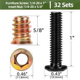 32 Sets Wood Inserts & Bolts Assortment Kit for Furniture, 1/4-20 x 5/8" Screw-in Nuts and 1/4-20 x 1 Furniture Threaded Bolts with 2 PCS Hex Drive Wrench Included