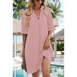 QACOHU Women's Summer Dress V Neck Casual Loose Flowy Swing Shift Wedding Guest Tunic Dress Pink XL