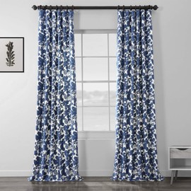 HPD Half Price Drapes Printed Floral Curtains 84 Inches Long Luxury Cotton Curtains (1 Panel) Room Darkening Window Curtains for Bedroom & Living Room, 50W x 84L, Floral Blossom Blue