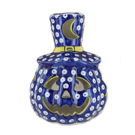 Blue Rose Polish Pottery - Blue Dots Pumpkin Luminary with Top Hat - 7.5" Tall - Ceramic Candle Holder, Pumpkin Design Makes Spooky Décor