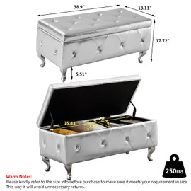 Betoko PU Storage Bench End of Bed 38.9" Faux Leather Bedroom Ottoman Bench with Storage Button Tufted Window Seating Benches Upholstered Rectangle Footrest Stool for Living Room Entryway (Silver pu)