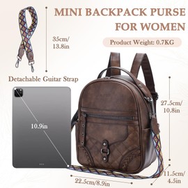 VASCHY Mini Backpack for Women,Fashion Vegan Leather Small Ladies Rucksack Shoulder Handbag with Guitar Strap for Teens Girls（Coffee）