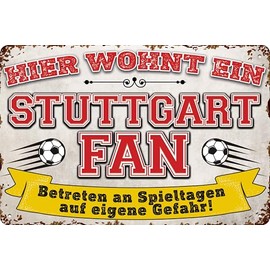 14 x 20 cm tin sign for football fans, here lives a Stuttgart fan – wall sign, door sign, goal sign, funny football saying, fan item