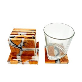 PAROTA  Juego 6 Portavasos para Mesa, de Resina Blanca y Madera de Acacia, Portavasos Elegantes (Cuadrada)                                            