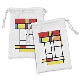 Lunarable Modern Fabric Pouch Set of 2, Bauhaus Style Inspired Colorful Beveled Geometric Shapes Squares, Small Drawstring Bag for Toiletries Masks and Favors, 9" x 6", Earth Yellow White