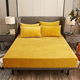 Damier Plush Fitted Sheet 120 x 200 cm Gold Yellow Fluffy Bed Sheet Winter Warm Cashmere Touch Fitted Sheet Suitable for 30 cm Mattress