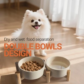 homish Pets Food and Water Ceramic Bowls 2 Bowls with Bamboo Stand, Raised Stand - 1.5" Hight for Large Medium Small Sizes Breeds