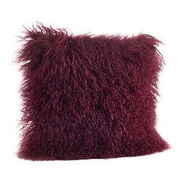 SARO LIFESTYLE 100% Wool Mongolian Lamb Fur Throw Pillow with Poly Filling, 16", Eggplant