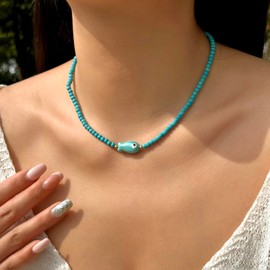Gmai Ceramic Fish Pendant Necklace for Women Multicolor Rice Beads with Turquoise Accents Delicate Fish Jewelry for Everyday Vacation (Turquoise)