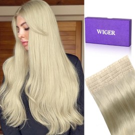 WIGER Newly-Designed Human Hair Extensions Invisible Skin Weft PU Human Hair Extensions 20 Pcs No Glue Platinum Blonde Beads-bonded Extensions (40g, 18 In)