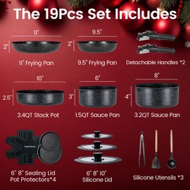 Chef Power Ceramic Nonstick Cookware Set 19 Piece with Detachable Handle, Induction Dishwasher Oven Safe Pans and Pots Set, RV Kitchen Set Removable Handle, Rock Stone Black