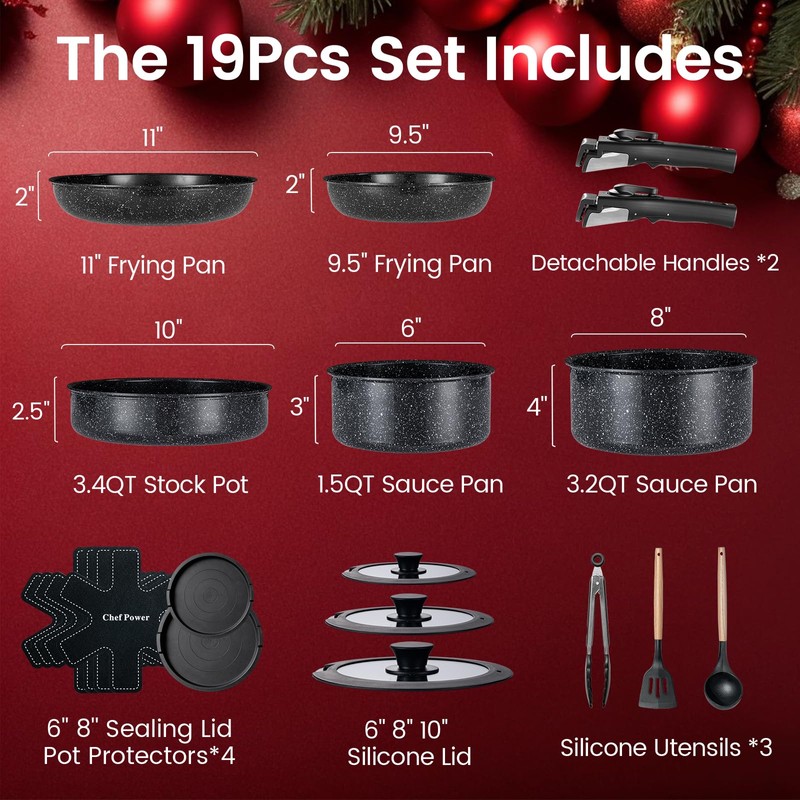 Chef Power Ceramic Nonstick Cookware Set 19 Piece with Detachable
