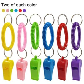 AFUNTA - Paquete de 12 silbatos con Pulsera, 6 Colores, Silbato Deportivo de plástico, Silbato elástico, muñeca para arbitraje, fútbol, Supervivencia y Emergencia