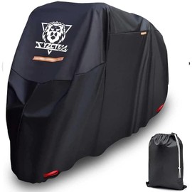 XYZCTEM Motorcycle Cover -Waterproof Outdoor Storage Bag,Made of Oxford Material Fits up to 96 inch, Compatible with Harley Davison and All Motors(Black& Lockholes& Professional Windproof Strap)