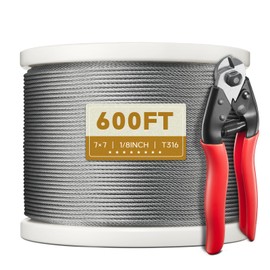 KALLSDY T316 Stainless Steel Cable 1/8 Inch, 7 x 7 Strands Construction, 600FT Wire Rope Aircraft Cable for Deck Cable Railing Kit and DIY Balustrades, Comes with a Cutter