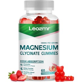 Magnesium Glycinate Gummies 1000mg – Sugar-Free Magnesium & Potassium Supplement with Vitamin D, B6 & CoQ10 for Calm Mood & Sleep Support – 60 Strawberry Gummies