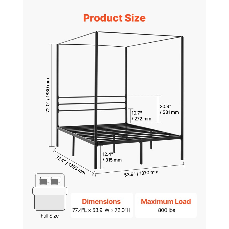 VEVOR Canopy Bed Frame Full Size, Metal Canopy Bed with