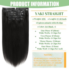 Loxxy Seamless Yaki Straight Clip Ins Human Hair, Jet Black Lightweight & Natural Look, Seamless Design Yaki Clip Ins for Black Women, Ultra-Thin PU Wefts 14 Inches 8Pcs 115g
