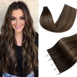 S-noilite Human Hair Tape In Hair Extensions Ombre Dark Brown Mixed Chestnut Brown Natural Seamless Straight Remy Hair Extensions Tape In For Women 20pcs 50g(16 Inch,#(T2/6)/2)