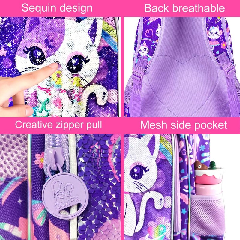 Girls Toddler Cat Backpack, Water Resistant Sequins Kindergarten Bookbag, 13"