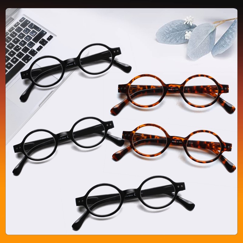 JOSCHOO 5 Pack Retro Round Reading Glasses Mini Small Comfortable