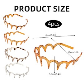 Pack of 4 Zigzag Headbands, Shark Tooth Hair Comb, Hard Headbands, Plastic Zigzag Headbands, Wavy (Tortoiseshell Brown, Tortoiseshell Grey, Snake Pattern Grey, Snake Pattern Coffee, 14 cm)