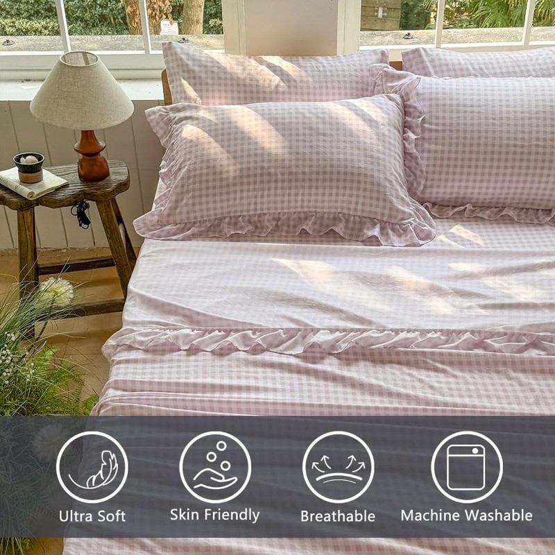 NSNLGSGC Pink Gingham Ruffle King Sheet Set, Pink Soft Pre-Washed