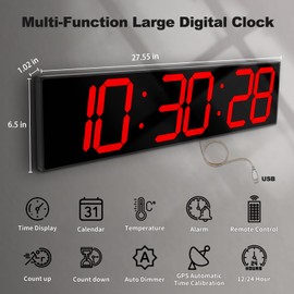 CHKOSDA 27.5''Large Digital Wall Clock,Auto Time Sync Digital Clock with Easy Operation, Big Timer with Countdown and Countup,Automic Wall Clock with Alarm,Clendar and Termperature (Red)