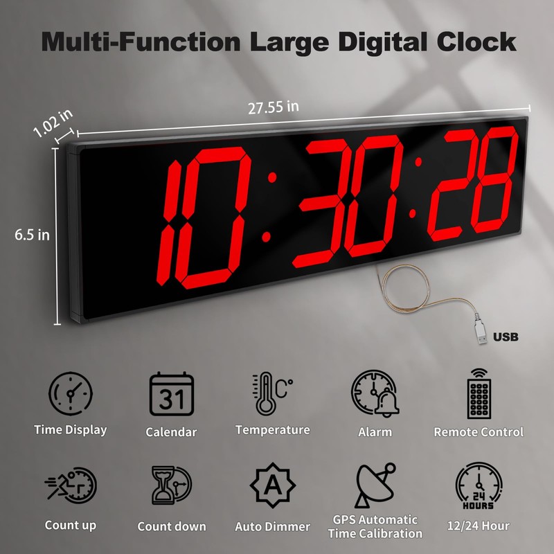 CHKOSDA 27.5''Large Digital Wall Clock,Auto Time Sync Digital Clock with