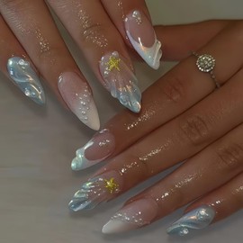 French Tip Press on Nails Summer Fake Nails Full Cover Almond False Nails with 3D Sea Stars Pearls Design Glossy Aurora Blue White Nail Tips Acrylic Nails Beach Ocean Stick on Nails for Women Girls