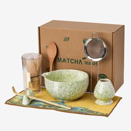 Japanese Matcha Whisk Set,Ceramic Matcha Set Includes Bowl with Spout,Matcha Sifter, Bamboo Whisk and Holder for Matchas Tea,2 Bamboo Scoop, Scoop Rest,Tea Towel -8 Pcs Kit Gift for Matcha Lovers