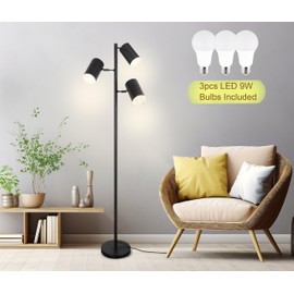 Tree Floor Lamp with 3 Light Bulbs,Black Standing Tall Pole Lamp with 3 Adjustable Rotating Lights,Farmhouse Floor Lamp for Living Room Bedroom Office,Vintage Standing Lamp 9W E26 LED Bulbs Included.