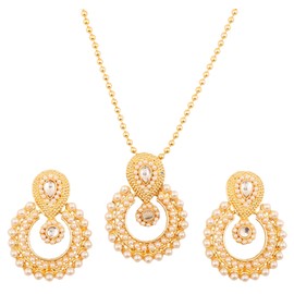 Touchstone Indian Bollywood elite Mughal Kundan polki look Chandbali Moon faux pearls bridal designer jewelry pendant set for women in gold tone