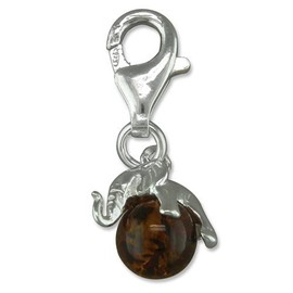 Lucky 3D Elephant & Honey Amber Orb Sterling Silver Clip-On Charm Pendant for Women Ladies Girls - Fit for Thomas Sabo Style Charm Bracelets - Clasp Charm Jewellery