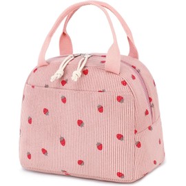 BuyCard Insulated Strawberry Lunch Box Women, Reusable Corduroy Cute Lunch Bag, Leakproof Lunch Tote Bag with Large Capacity, Small Cooler Lunch Container for Work Office Travel (Pink Strawberry)