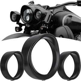 GZDLMoto Motorcycle Light Kit-Black Aluminum Round Headlight & Fog Lights Visor Trim Ring For Harley Touring Road King Street Glide Electra Glide