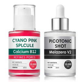 Cyano Pink Spicule Serum + Picotonic Shot Ampoule Duo - Korean Face Serum with Niacinamide & Calcium Ampoule Duo for Pore Refinement Glass Skin Finish (Pink + white essence)