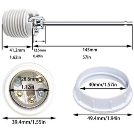 Bxian E26 Ceramic Lamp Threaded Socket with Shade Ring Standard Screw in Bulb Socket Prewired Lead 6 Inch Lampholder Lamp Fitting for E26 Base Chandeliers and Wall Light