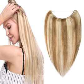 Silk-co 16" One Piece Hair Extensions Silk-co Secret Wire In 100% No Clip Invisible Remy Human Hair Natural Invisible Secret Wire on Hair Piece Extension #12P613 Golden Brown&Bleach Blonde