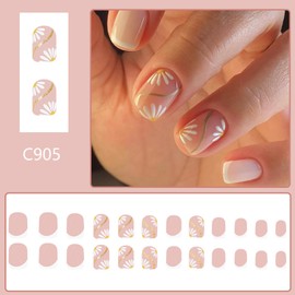 Spring Summer Daisy Press Nail Flower French Tip False Nail Short Square Acrylic Nails Mirror Reusable Full Cover Fake Nails for Women Girls