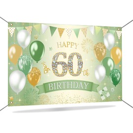 Mocsicka Happy 60th Birthday Banner Sage Green Gold 60th Birthday Decorations for Women Men 60th Birthday Sign Green Happy 60th Photo Banner