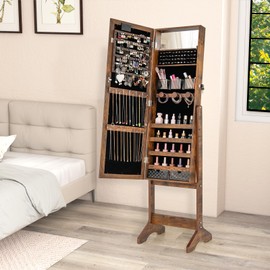 CHARMAID Jewelry Cabinet with Full Length Mirror and Warm Lights, Lockable Jewelry Armoire with Storage, 4 Tilt Angles, Standing Jewelry Organizer with Makeup Mirror for Girls Bedroom (Rustic Brown)