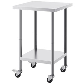 Happybuy 24x24x38 Inch Stainless Steel Work Table, 700 lbs Load Capacity, 4 Wheels, Adjustable Height, Commercial Food Prep Table for Kitchen & Restaurant