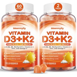 Vitamin D3 K2 Gummies for Adults - Vitamin D3 5000IU + K2 (MK-7) 120mcg - Sugar-Free D3 and K2 Supplements with Omega-3, Methyl B12, B9, B6, Vitamins E & Zinc - for Calcium Absorption & Immune Health